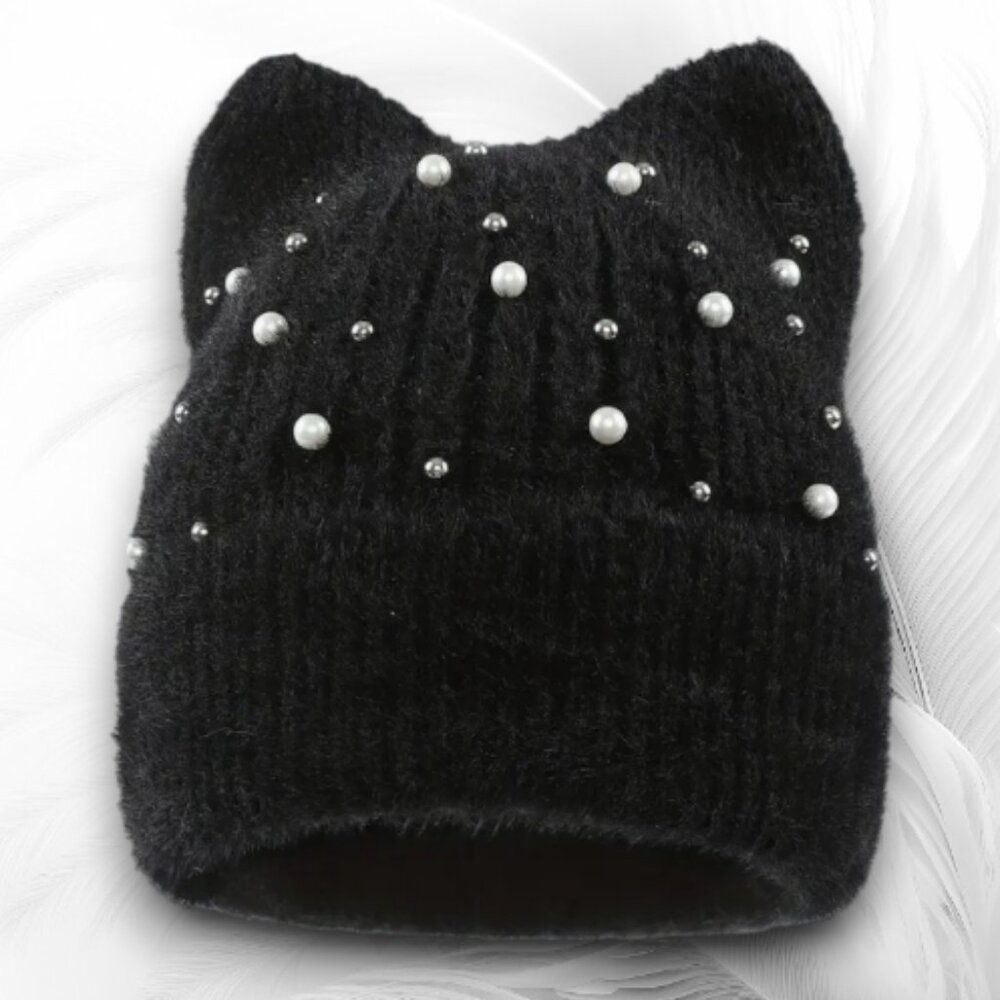 Fuzzy Black Knit Cat Ear Beanie with Pearls – Cute Winter Hat Women’s Warm Soft